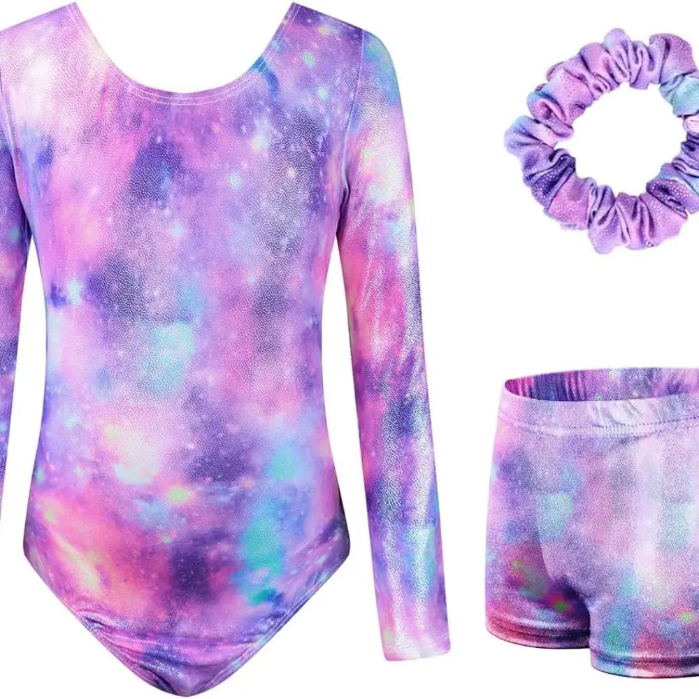Gymnastics Leotards for Girls with Shorts Set, Long Sleeve Kids Gymnastics Athletic Outfit for Kids 3-12 Years