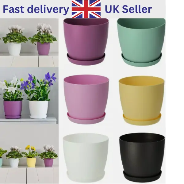 Plant Pots Flower Planter 6 Colours 3 sizes Matt Plastic Pot + Saucer Tray Deco