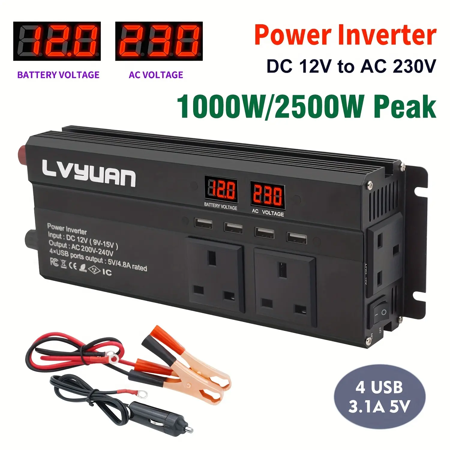 1000W/2500W (Peak) Car Power Inverter 12V To 220V 230V DC To AC Car Inverter With 3.1A USB Car Adapter, 4 Sockets, Battery Clips, Cigarette Lighter For Car, Home, Outdoors, Camping