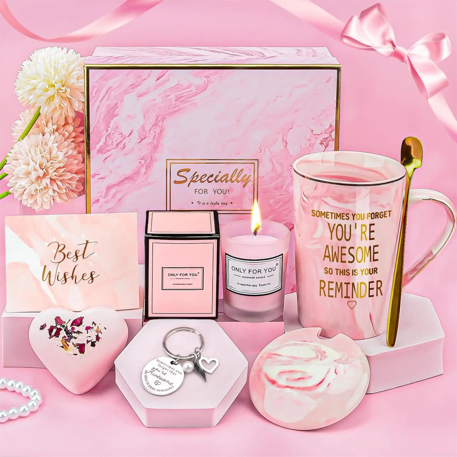 Birthday Gifts for Women, Pink Mug Cup Present for Her, Womens Gift Set with Aromatherapy Candle, Bath Salt Ball, Key Buckle,Christmas Gifts, Unique Pamper Gifts for Best Friend, Mom, Sister Drinkware Stainless Tumbler Reusable Washable Ceramic Coffee