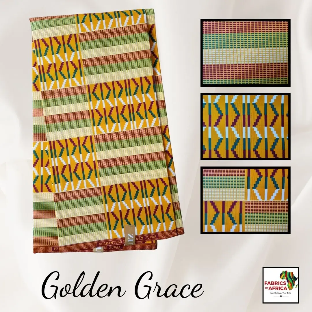 African Kente Wax Print Fabric 6 Yards Soft Premium Polycotton - Golden Grace
