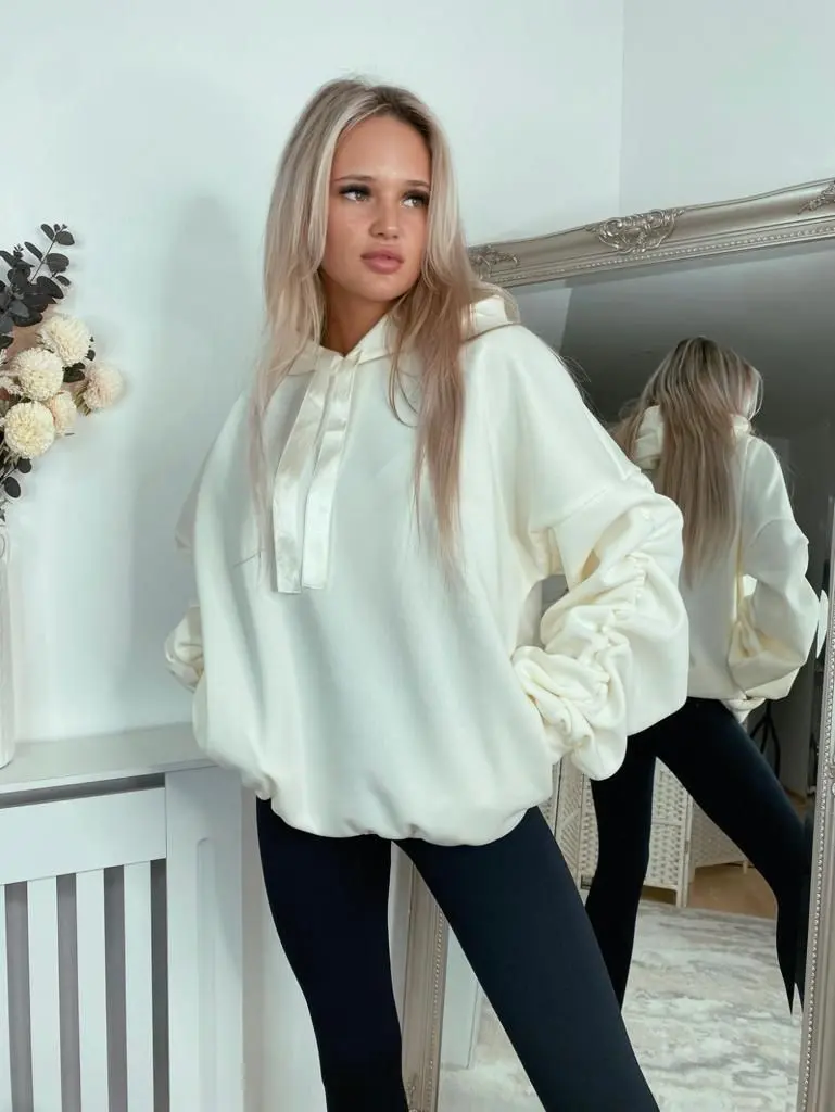 STY Women's Ruched Sleeve Oversized Ladies Ribbon Hoodie Jumper top Casual Plain Soft Womenswear Drawstring Sweaters Style hoodies