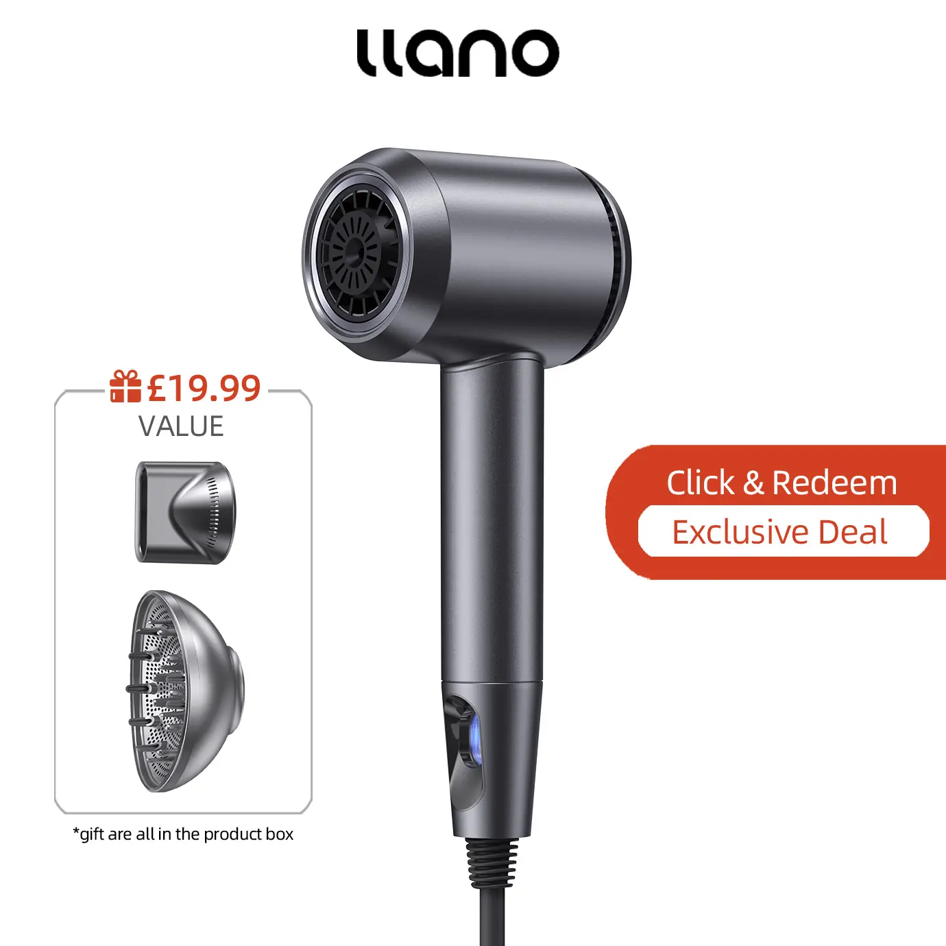 llano Pro Hair Dryer Diffuser & Concentrator Nozzle | Brushless Motor & Nano-Ionic Frizz Killer | 90-Second Salon Dry + Whisper 60dB Mode | UK Travel Kit & Weekend Blitz-Ready!! | hairdryer murah