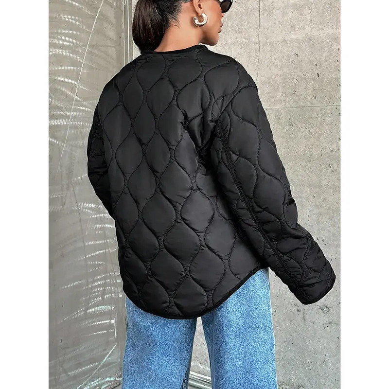 Quilted Dual Pocket Belted Winter Coat Long Sleeve Fabric 1