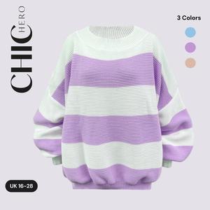 ChicHero Oversized Crewneck Knitted Volume Sleeve Stripe Jumper  - for sweater season Casual Knitwear Spring Womenswear Balloon Jeans Leggings Outfit