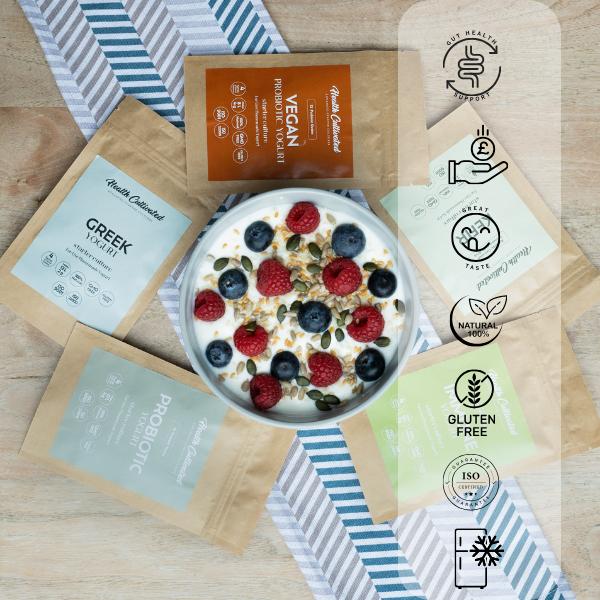 Probiotic Yogurt Starter Culture to Make Wholesome Yogurt at Home with 10 Probiotics for Gut Health incl. L.Rhamnosus, L.Casei, L. Acidophilus & Bifidobacterium Infantis | Pack of 4 sachet = 12 Liters of Live & Natural Homemade Yogurt ( 1 month supply ) d 7