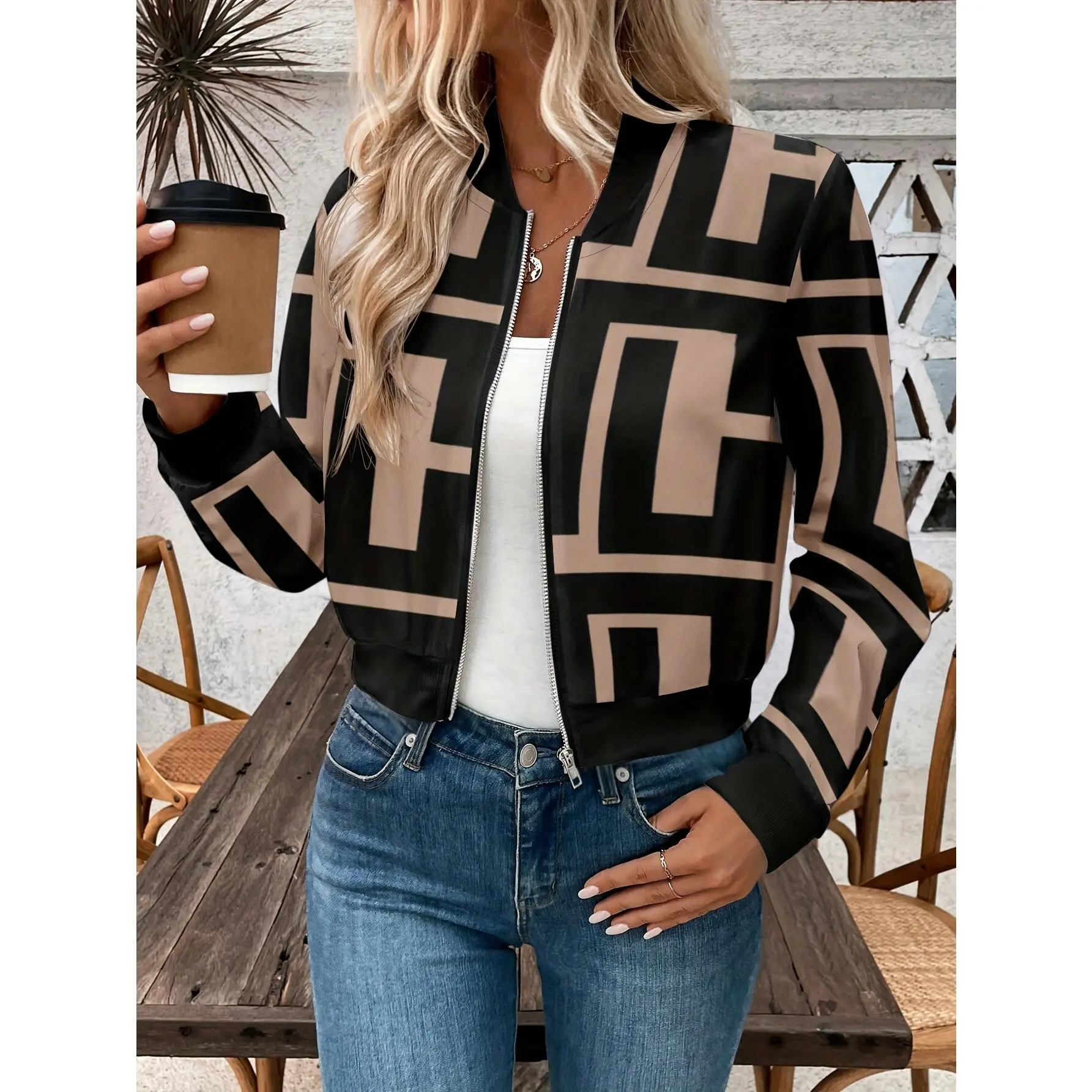 Women's Lightweight Geometric Print Zip-Up Bomber Jacket - Casual Long Sleeve, Machine Washable Womenswear Coats