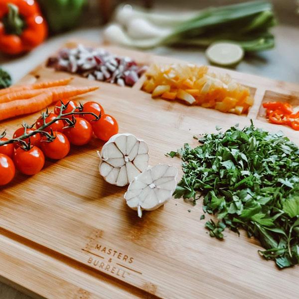 Masters & Burrell Premium Wooden Chopping Board Large 43 x 32.5 x 2 cm Organic Bamboo Cutting Board for Vegetables Bread Fruits Chopping Boards for Kitchens Juice Grooves Built-in 3 Compartments Knives Metal chopping  boards Stylish  Handy 3