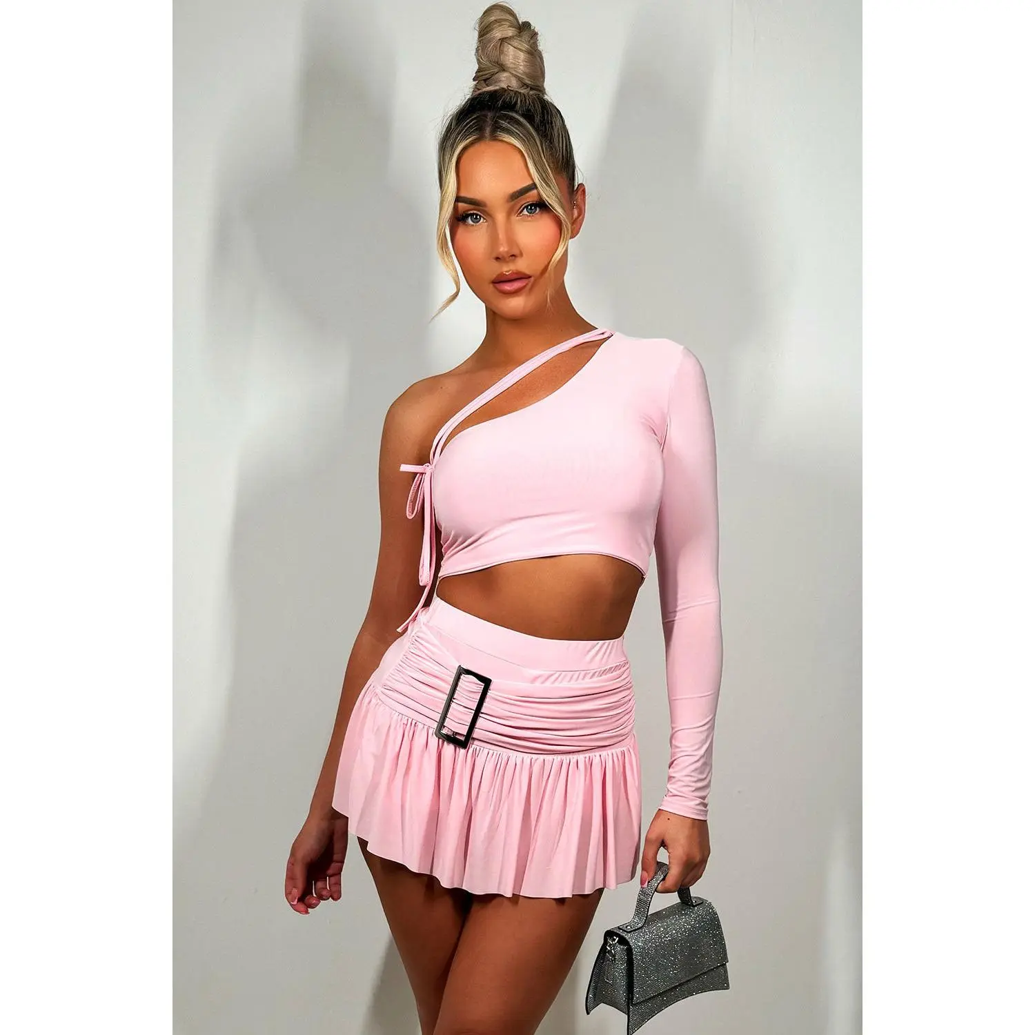Skort And One Shoulder Crop Top Set Pink
