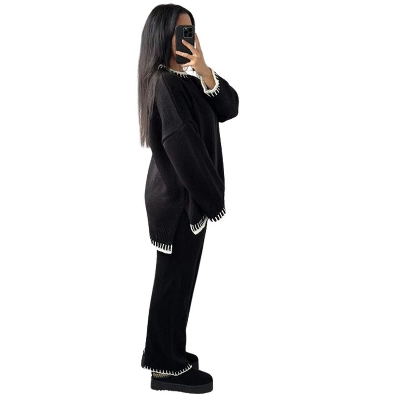 Ladies Knitted Stitched Wide Leg 2PCS Co-ord Suit Sweater Loungewear Set Casual Womenswear Overalls Comfort Long Sleeve Basic Clothing Minimalist 4