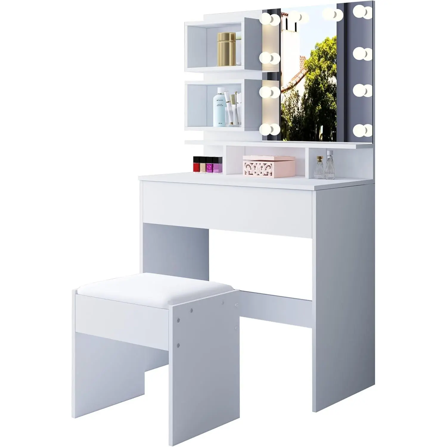 Chebinsiti Dressing Table with LED Lights, Dressing Table with Adjustable Brightness Mirror and Stool, Vanity Table with 1 Drawer 5 Shelves, Modern Vanity Makeup Table White Vanity for Bedroom