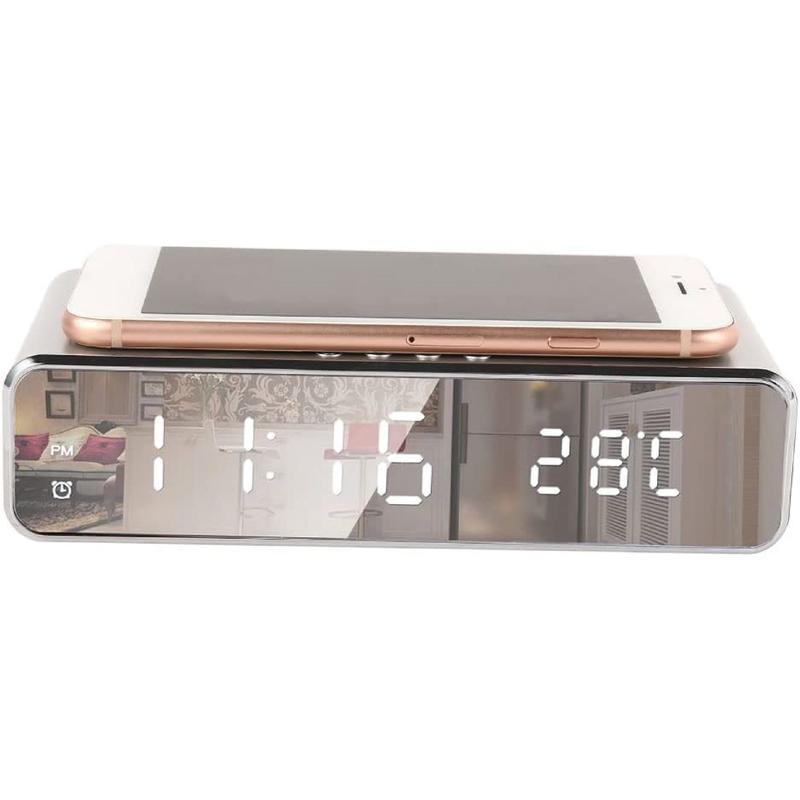 Digital Alarm Clock with Wireless Phone Charger 2 in 1 Bedside Alarm Clock Wireless Charger with Temperature Super Fast USB Rechargeable Non Ticking Mains Powered Charging Smartphone Electronic Cellphone Mobile Christmas Gift wireless charging station 4