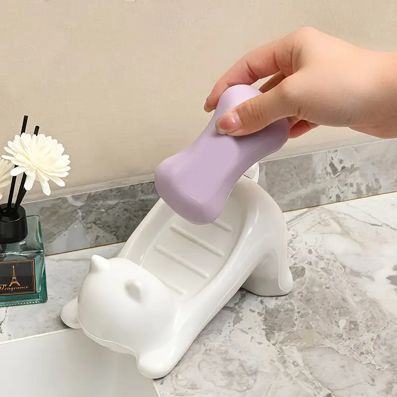 1pc Cat-Shaped Plastic Soap Dish, Oval Tabletop Decor Soap Drain Holder for Bathroom Sink, Multipurpose Soap Storage Rack, Ideal Gift for Soap Storage 6