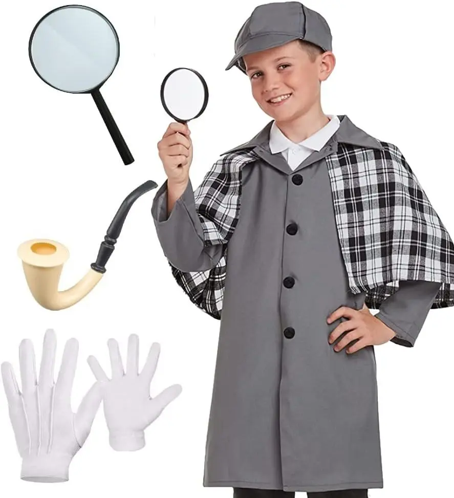 Children Kids Victorian Detective Spy Secret Agent World Book Day Fancy Dress Costume | Hat + Jacket with Attached Cape + Magnifying Glass + Fake Pipe + Gloves