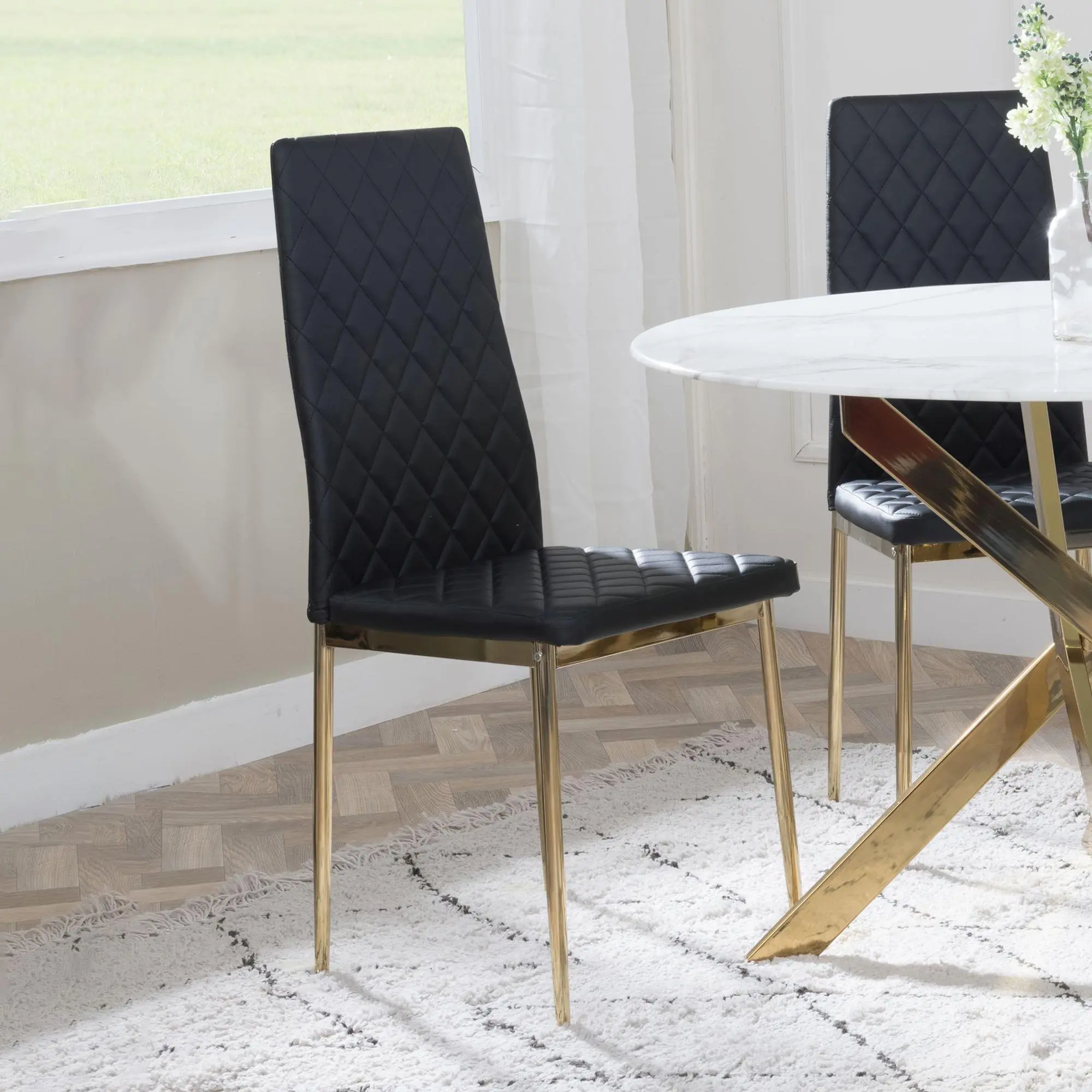 Set of 2 Metro Dining Chairs in Black Colour Leather and Gold Metal Legs room