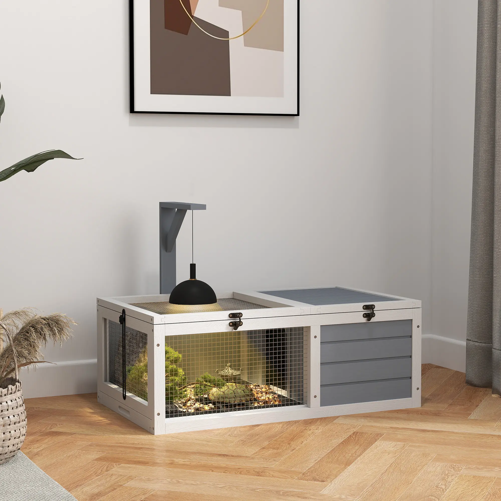 PawHut Tortoise House, Wooden Tortoise Enclosure, Tortoise Habitat with Lamp Holder, 2 Pull Out Trays, Hideaway, Run, for Outdoor & Indoor - Light Grey