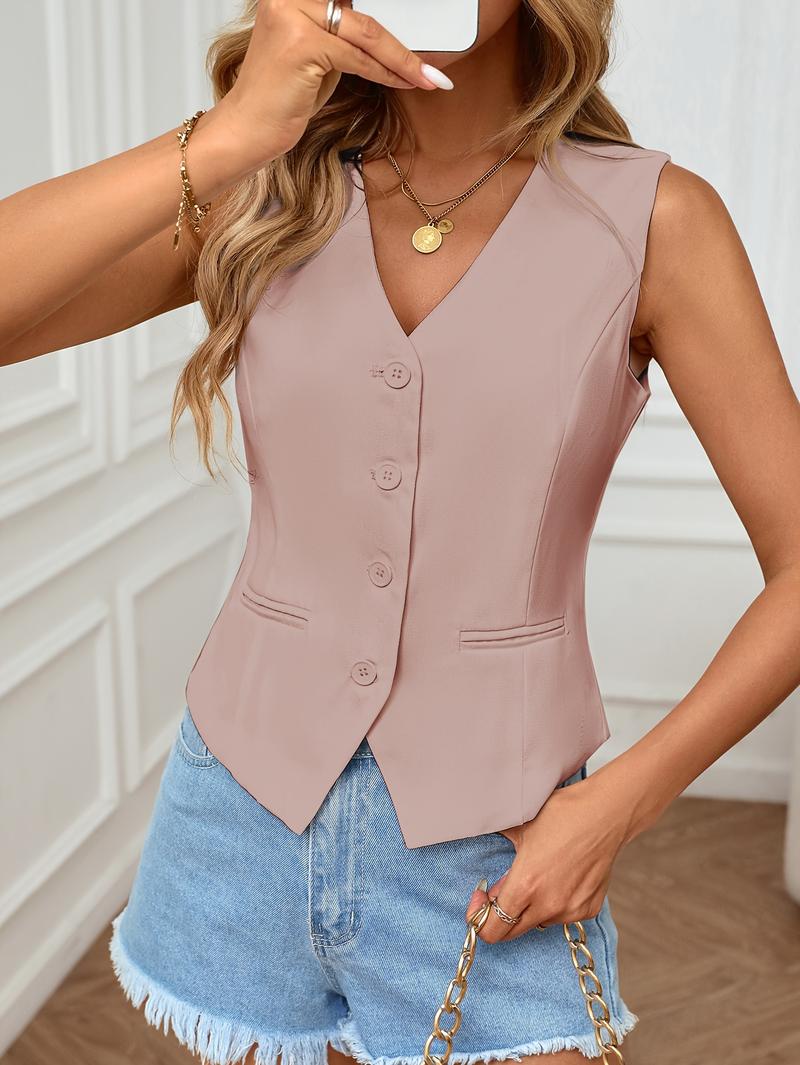 Product Introduction of Elegant Sleeveless Blazer Vest for Women - V-Neck, Button Front, Lightweight & Versatile, Perfect for Casual or Formal Occasions, White Polyester Vest with Faux Pockets Womenswear Clothes 9