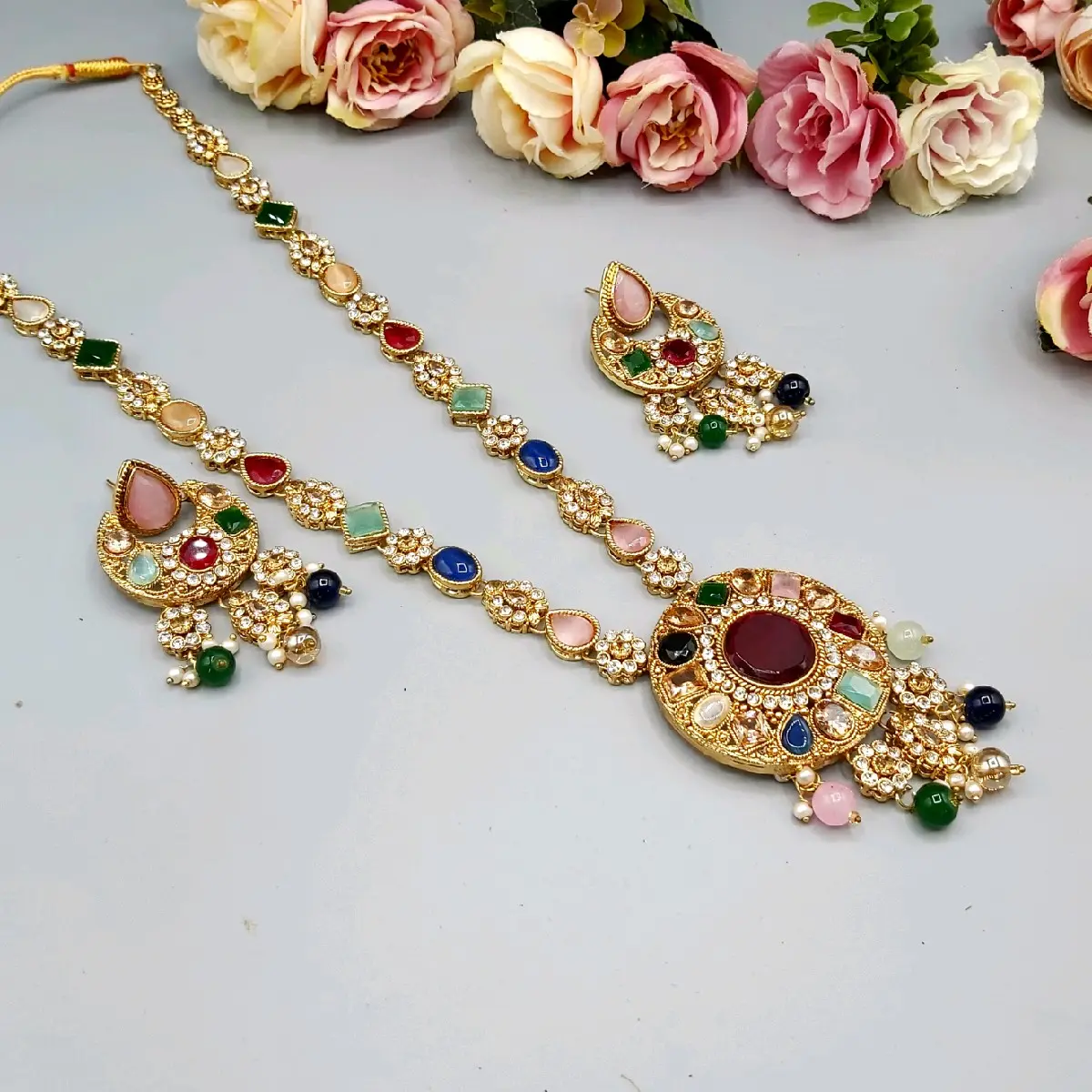 Exquisite AD Stones Mala Set with Earrings