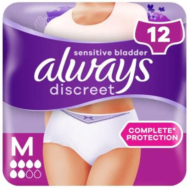 Always Discreet Incontinence Pants, Normal, 12 Pack, Medium Size, Comfort, Sensitive Bladder, Smooth