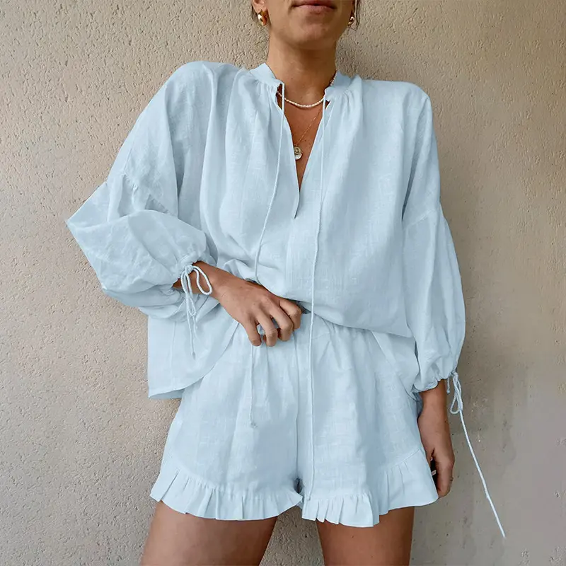 White V-neck Long Sleeve Lace Up Blouse Shorts Sets Women Lace Up Shirt Elastic Waist Shorts Suit Summer Casual Vacation Outfits 3