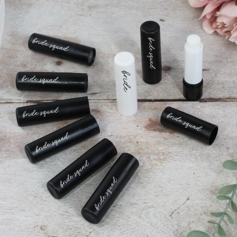 GiftsinaJiffy Black Bride Squad Lip Balms, White Bride Lip Balm, Black Hen Party Theme, Vanilla Flavour, Goody Bag Favour for Hen Do, Hen Party Bag Filler Compact Gentle Skincare Comfort 5