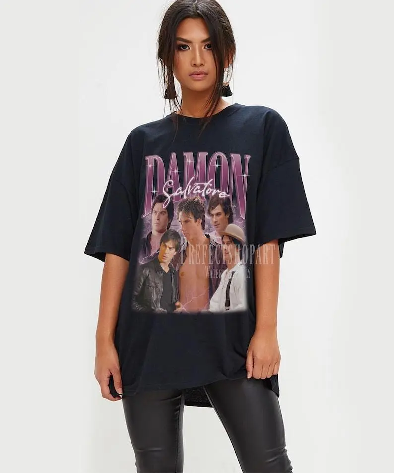 DAMON SALVATORE Retro Shirt, Damon Salvatore Bootleg T-shirt, Vintage Ian Somerhalder Merch , Movies and Series Tee Cotton Top