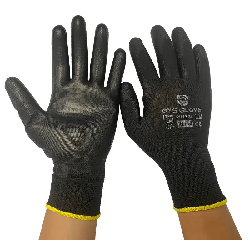 Black Safety Gloves PU Palm Coated - Polyester Liner