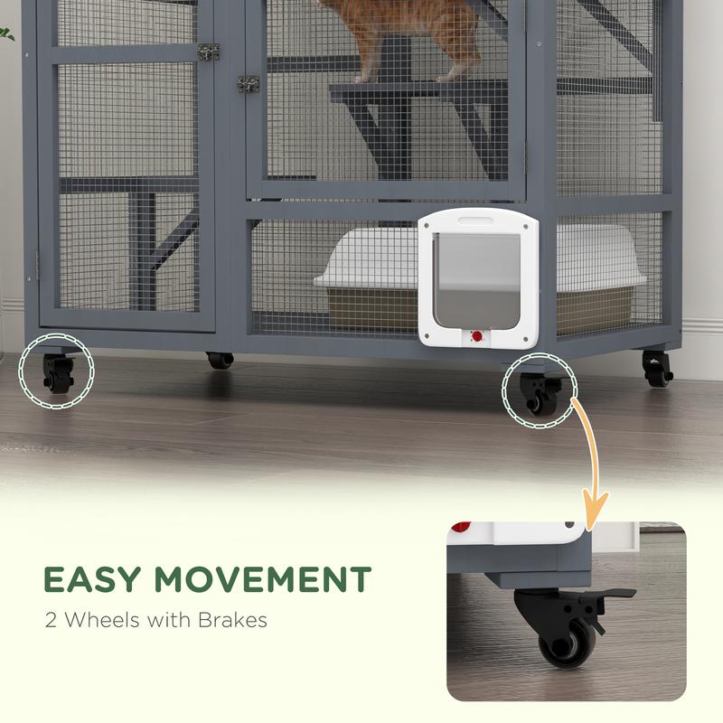 Product Introduction of Cat Cage House, Catio Cat Outdoor Enclosure on Wheels, Weather-Resistant Wooden Kitty Cage with Platforms, Hammock, 100L x 60W x 110Hcm - Light Grey 5
