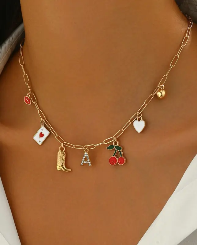 1pc Initial Letter Charm  Chain Necklace For Women, Beach Cherry Heart Fruit Charms Pendant
