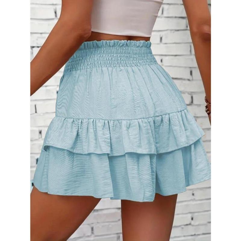 Women's Frill Trim Ruffle Hem Shirred High Waist Shorts, Boho Casual Tiered Layer Shorts for Spring & Summer, Summer Shorts for Women, Back To School, Ladies Elegance Minimalist Shorts, Wide Leg Shorts for Women, Ruffle Shorts 6