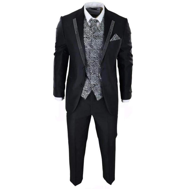 Men's Wedding 3 Piece Black Suit Silver Cravat Waistcoat Groom Bestman 1