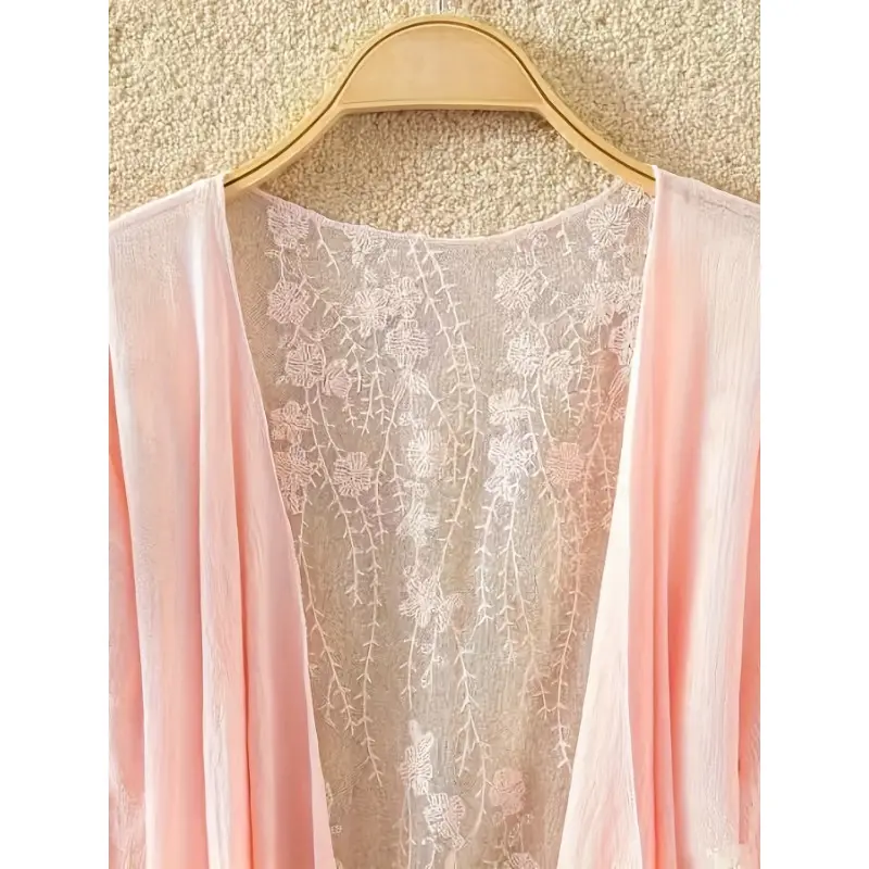 1pc, Women's Casual Style Cardigan, Mid-length Lace Stitching, Long Sleeves V Neck Sheer Cover Up Shirt, Beach Vacation 3
