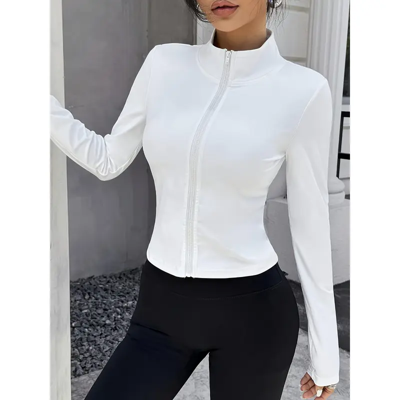 Women's Polyester Zip-Front Stand Collar Jacket - Y2K Style Slim Fit Solid Color Long Sleeve Casual Outerwear for All Seasons - Knit Fabric Construction 2