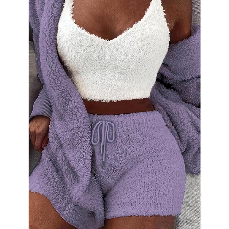 【2025】Warm Fuzzy Pajama Set, Long Sleeve Hooded Robe & Tank Top & Drawstring Shorts, Women's Sleepwear & Loungewear 4