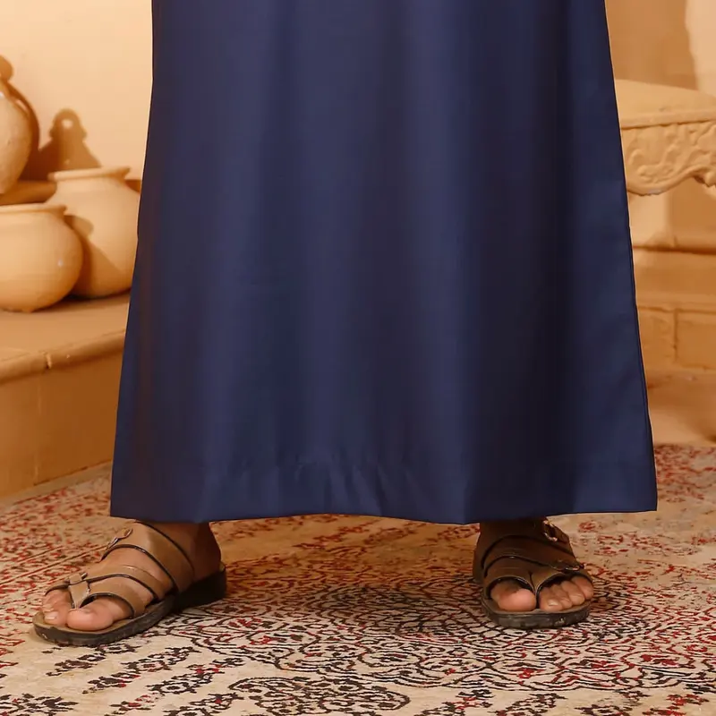 Matte Blue Collarless Omani Thobe with Zip for Men crew neck plain 3