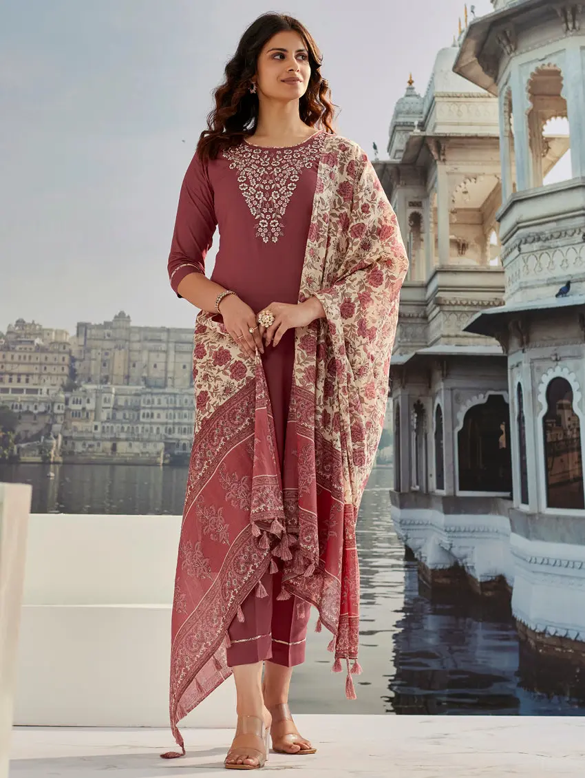 Women's Cotton Slub Fabric Set with Top, Bottom, and Dupatta - Round Neck, 3/4 Sleeves, Embroidery, Knee-Length - Casual, Comfort