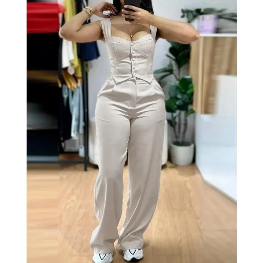 Women's Fashion Sweet Pants Sets 2 Piece Thick Strap Button Front Slim Fit Tank Top High Waist Wide Leg Pants Casual Outfit Set