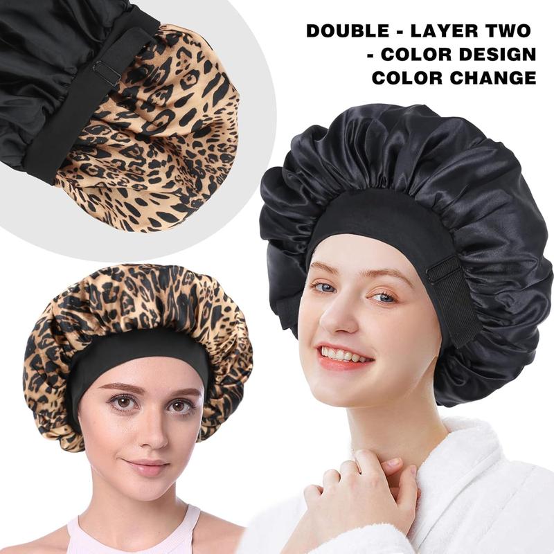 Silk Bonnet for Sleeping Double Layer Satin Bonnet Adjustable Bonnets for Black Women Sleep Cap Reversible Hair Bonnet for Curly Hair (Black and Leopard) 4