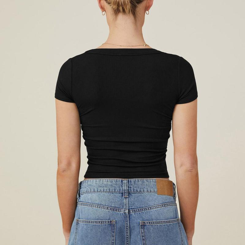 KatchMe Women's Versatile Solid Color Square Neck Slim Ribbed Crop Top,Basic Minimalist Womenswear,Casual Plain Tshirt for Spring & Summer 5
