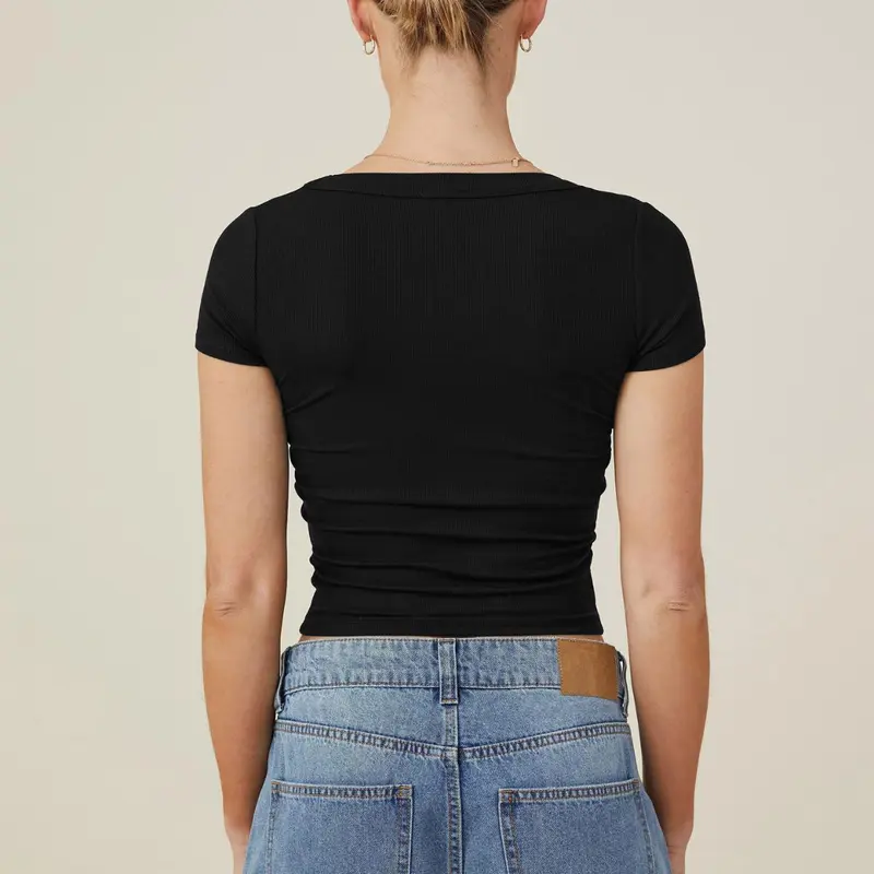 KatchMe Women's Versatile Solid Color Square Neck Slim Ribbed Crop Top,Basic Minimalist Womenswear,Casual Plain Tshirt for Spring & Summer 5