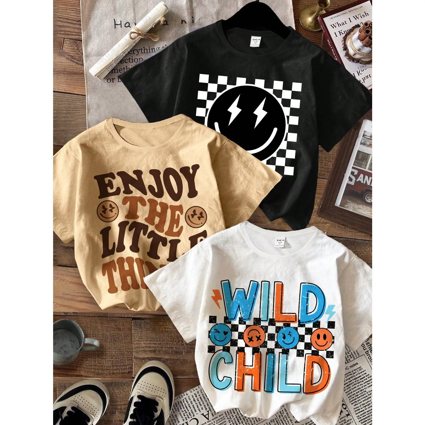 3 pcs/set young boy casual minimalist smiling letter print loose fit crew neck short sleeve T-shirts, suitable for summer