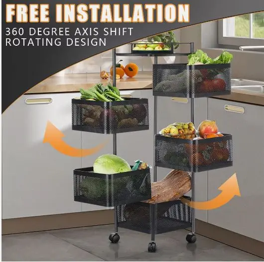 6 Tier Kitchen Rotating Storage Trolley Cart Utility Vegetable Mobile Shelf Rack Organiser Room 3