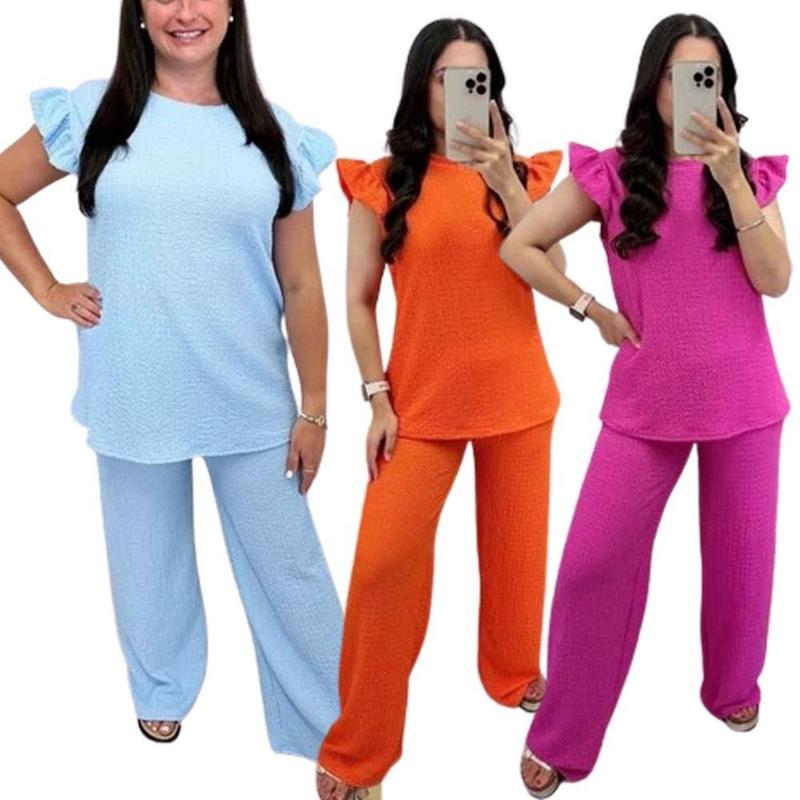 Women's Loungwear Ladies Pop Corn Fabric Frill Sleeve Top Trousers 2Pcs Co Ord UK Size 8-22 Loungewear Pajama Womenswear Nightwear Comfortable Pyjamas 1
