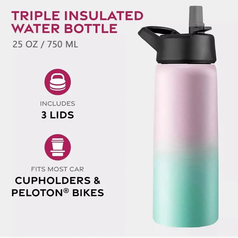 750ml Triple vacuum Insulated sports bottle with straw, hot & cold - PINK 1