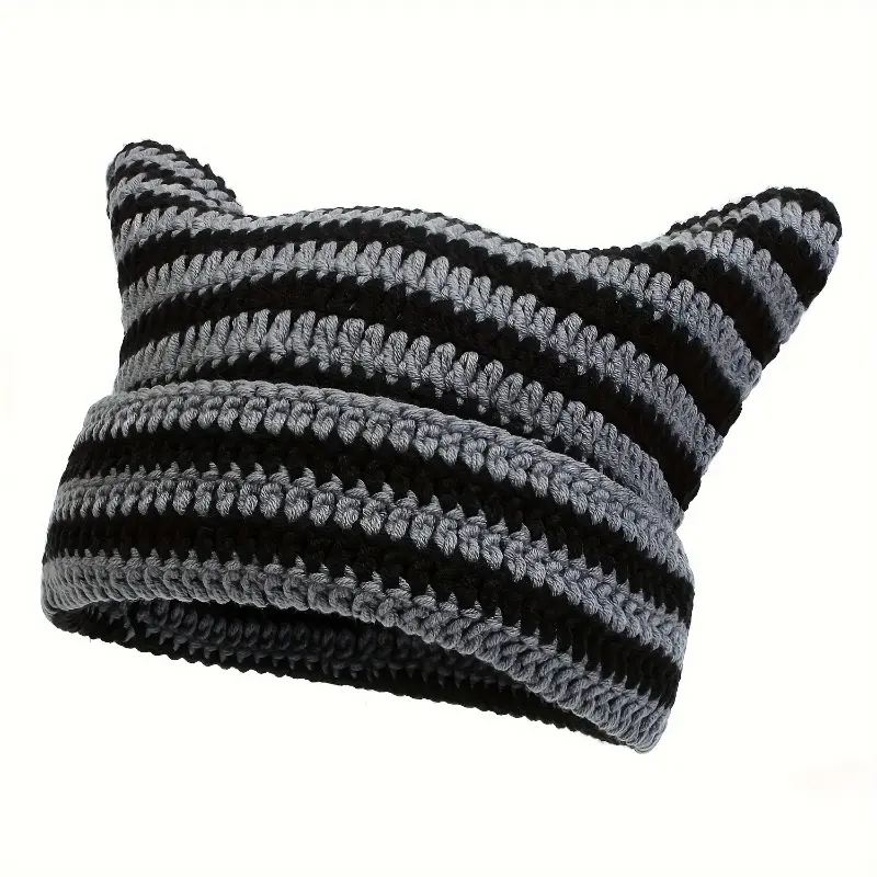 1pc Little Devil Cat Ear Pure Handmade Crochet Knitting Bean Hat, Unisex Outdoor Street Casual Fashion Hip-hop Hat, Cool Versatile Hood 2