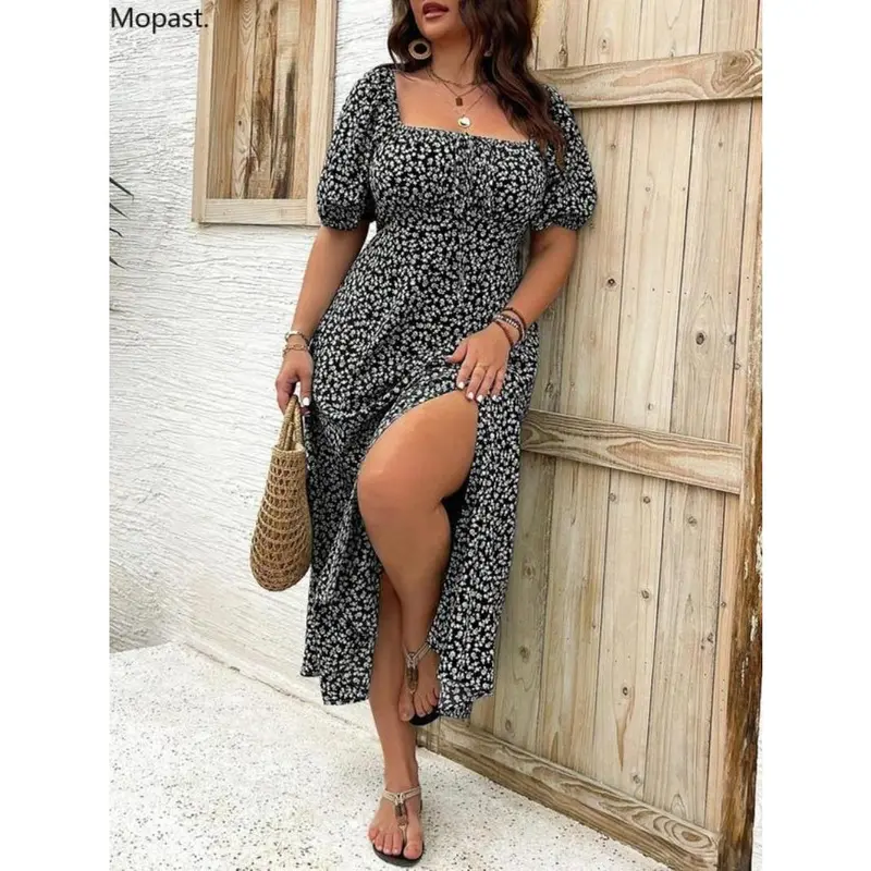 【Plus Size】 Ditsy Floral Print Split Thigh Dress, Boho Puff Sleeve Tie Front Sundresses, Maxi Dress, Summer Dresses 2024, Daily Wear Ella Thomas Coming Home Outfit, Wedding Guest College Dress Hide Tummy Black Party Dresses, UK Green Dress Lady 1