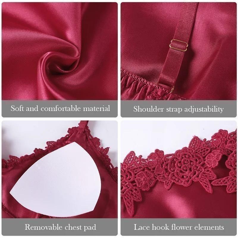 2025 new model 5PC Silk Robe Sleep Suit Womens Lace Satin Pajamas Gown Set V-Neck Cami Nighties Wear Pijama Home Nightwear Spring Nightdress 4