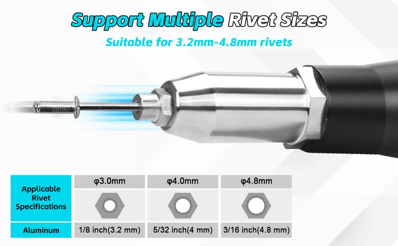 Product Introduction of Cordless Rivet Gun Compatible with Makita 18V Battery, Brushless Electric Rivet Gun with LED Light, 20 Rivets, 3 Adapters and Wrench, Portable Rivet Nut Gun Kit (No Battery) 9