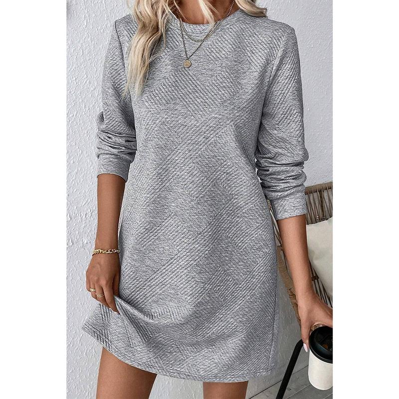 Gray Solid Color Textured Long Sleeve Shift Dress 6