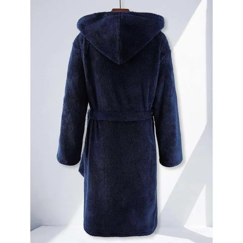 Men's Loose Solid Drop Shoulder Dual Pocket Belted PJ Hooded Bathrobe, Casual Comfy Fuzzy Thermal Robe For Men Daily Home Wear, Men's Sleepwear For Fall & Winter, Trendy Soft Comfy Menswear 7